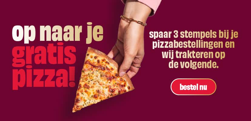 Op naar je gratis pizza! Spaar 3 stempels bij de pizzabestellingen en wij trakteren op de volgende.