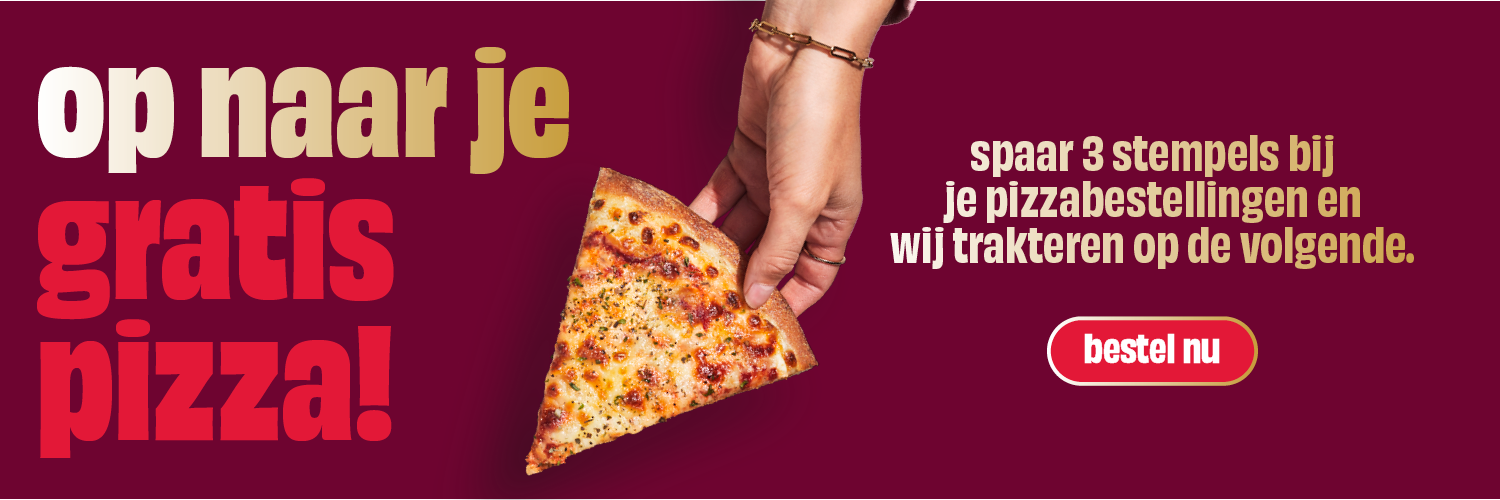 Op naar je gratis pizza! Spaar 3 stempels bij de pizzabestellingen en wij trakteren op de volgende.